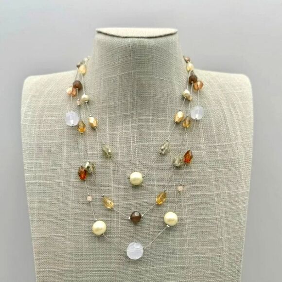 Lia Sophia Necklace Bellini Earth Tone Beaded Layered Triple Strand 18 Inch NWOT - Picture 1 of 8